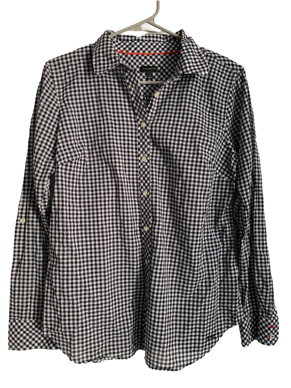 TALBOTS Women’s Black White Check Button-down Long Sleeve Linen Blouse